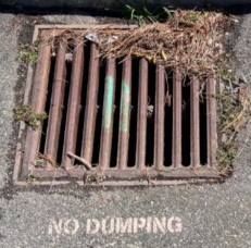 A before photo of the storm drain. It has a brown, metal grate surrounded by black asphalt with a smattering of dead grass, leaves, and debris around it. In yellow, capital lettering it says: "No Dumping."