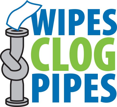 Wipes Clog Pipes is written in blue and green capital letters next to a cartoon of a knotted metal pipe with a non-flushable wipe above it.