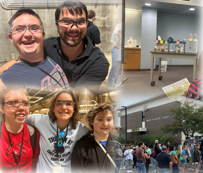 This photo is a collage of moments from the visit to SESD by the Northshore Education Consortium, including smiling students wearing a cozy clothes while they take a walking tour of the wastewater treatment plant. You can also see beakers, influent and effluent samples, and the big, brick Operations Building.