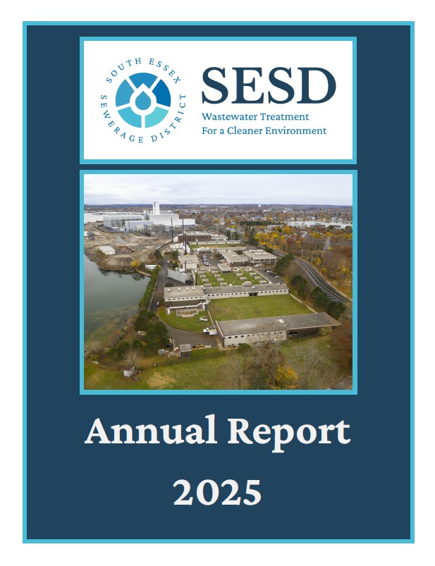 This is an image of the 2025 SESD Annual Report. It has two shades of blue, our logo, and white lettering that features an aerial photo of the wastewater treatment plant. It says "Annual Report 2025" on the cover.