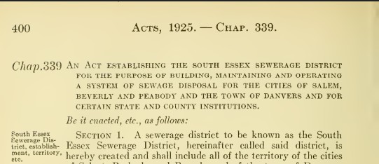 This is an image of the original Massachusetts Legislature Acts of 1925, Chapter 339 document, which establishes SESD for the purpose of building, maintaining, and operating a system of sewage disposal for the cities and towns described in the Act.