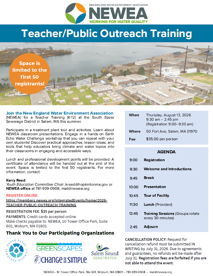 Flyer for NEWEA Teacher/Public Outreach Training event at SESD on Thursday, August 13, 2026, from 9:00 a.m. to 2:45 p.m.