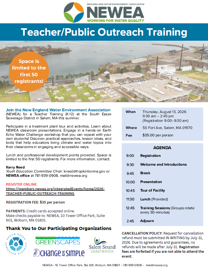 Flyer for NEWEA Teacher/Public Outreach Training event at SESD on Thursday, August 13, 2026, from 9:00 a.m. to 2:45 p.m.