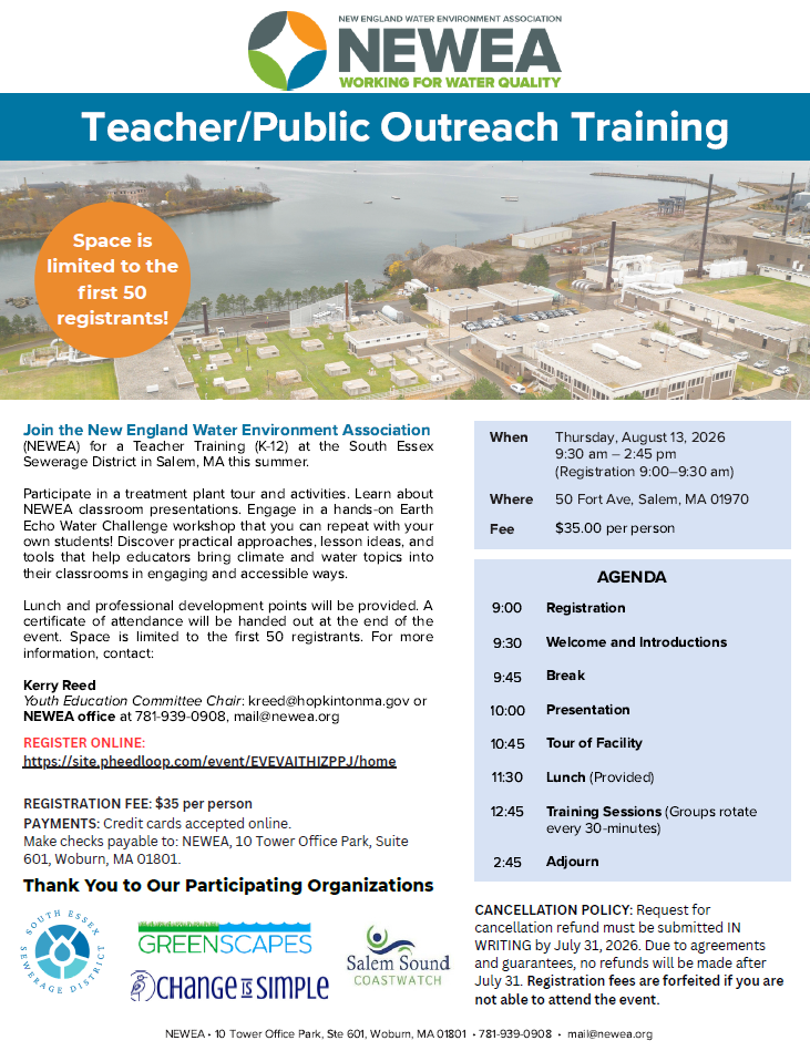 Flyer for NEWEA Teacher/Public Outreach Training event at SESD on Thursday, August 13, 2026, from 9:00 a.m. to 2:45 p.m. Learn practical approaches, lesson ideas, and tools that help educators bring climate and water topics into their classrooms in engaging and accessible ways. Register at https://site.pheedloop.com/event/EVEVAITHIZPPJ/home