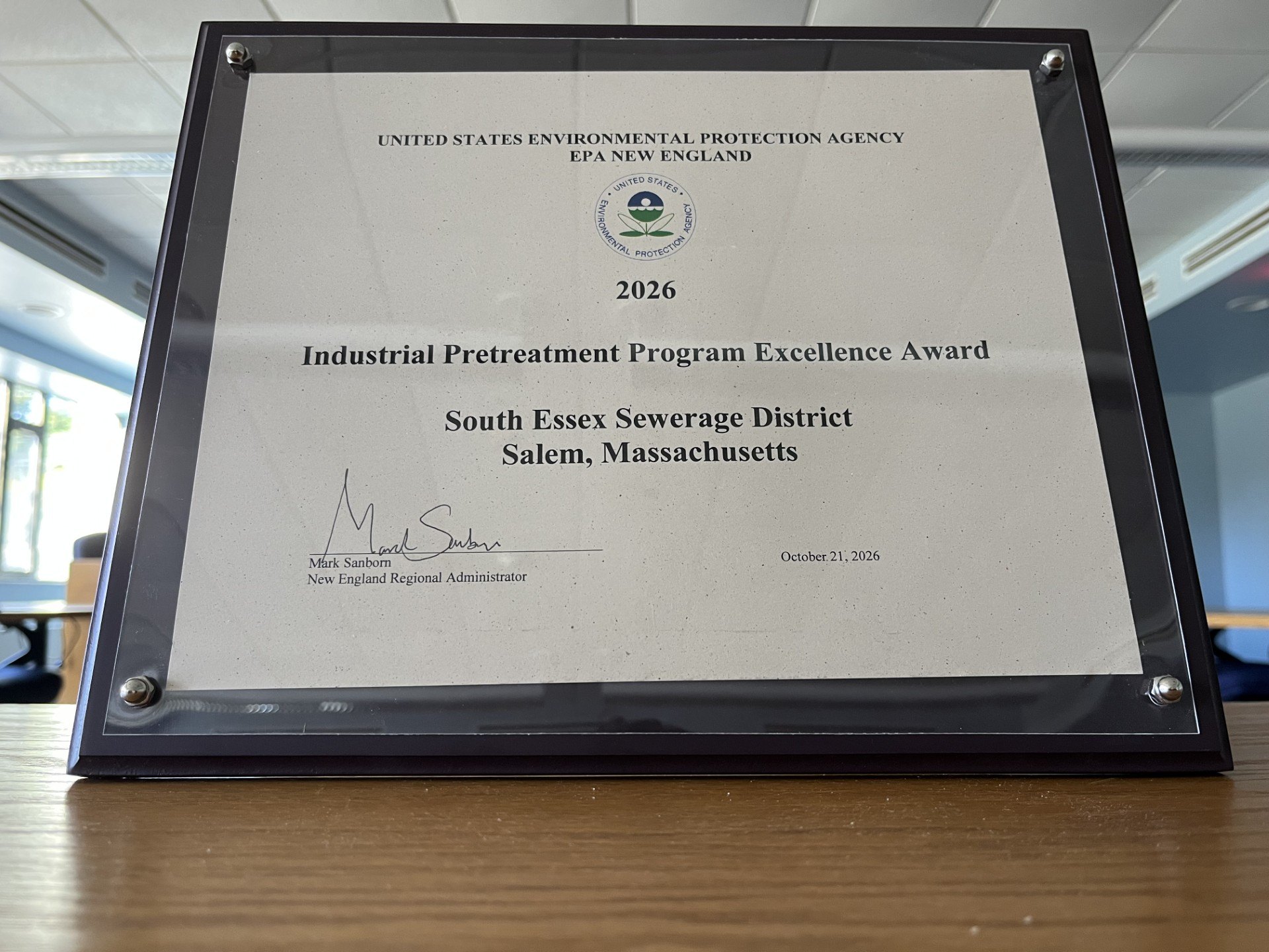 Photo of the New England EPA Industrial Pretreatment Program Excellence Award given to SESD on October 21, 2026.